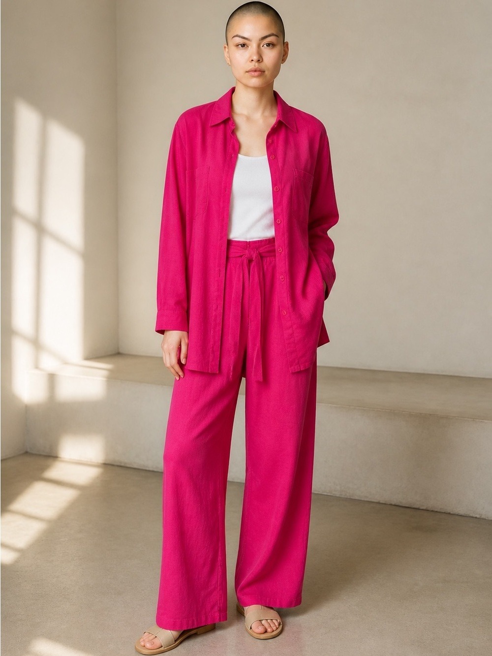 Nwot 2pc George Linen Blend Hot Pink Relaxed Fit Tunic & Wide Leg Pant Set Sz M